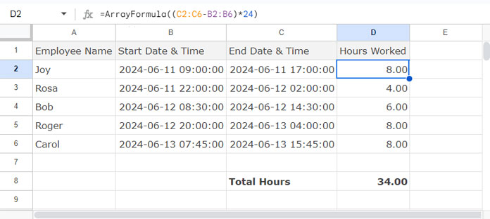 Payroll hour calculation array formula in Google Sheets