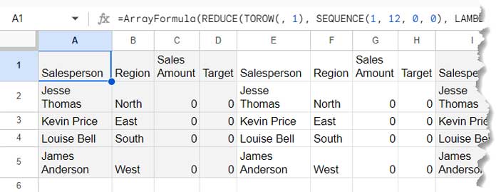 Repeating a table n times in Google Sheets