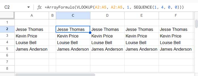 Example of how to repeat a column n times horizontally