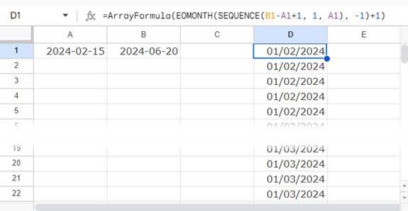 Date sequence transformed into beginning of the month dates