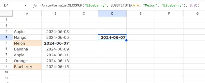 Example of using the SUBSTITUTE function in an array formula and an XLOOKUP hack