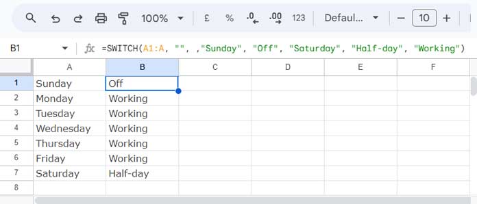 Examples demonstrating the use of the SWITCH function in Google Sheets