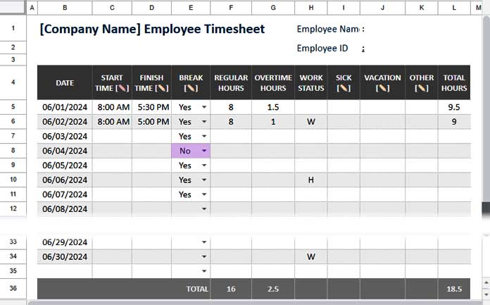 Employee timesheet interface