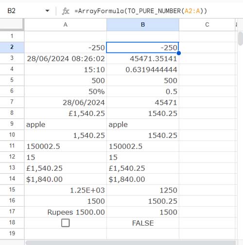 TO_PURE_NUMBER Array Formula Example