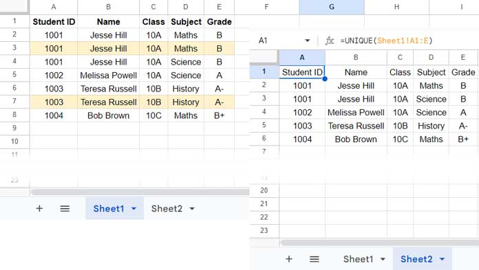 Removing duplicate rows (entire rows) using the UNIQUE function