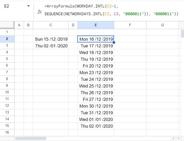 Formula to Return All Working Dates Between Two Dates in Sheets