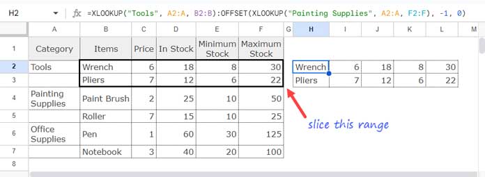 Vertical Data Slicing Using XLOOKUP in Google Sheets