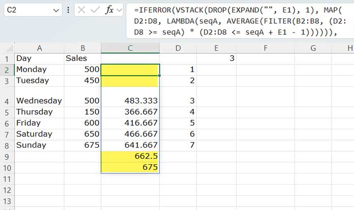 Placing the first average in the second window start for dynamic moving average