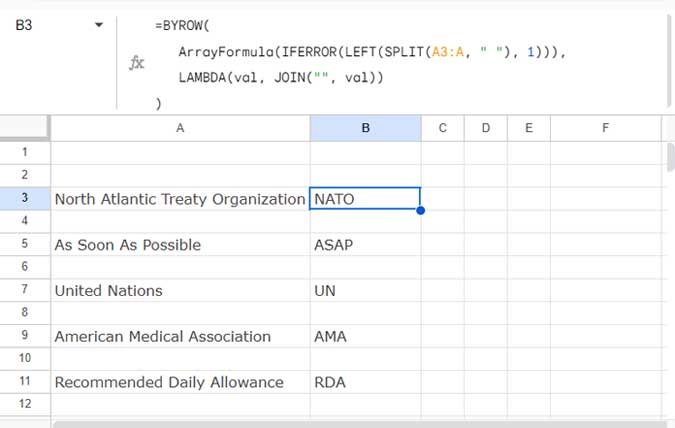 Extracting the first letter of each word to form abbreviations in Google Sheets