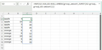 Group-wise running sum array formula in Excel