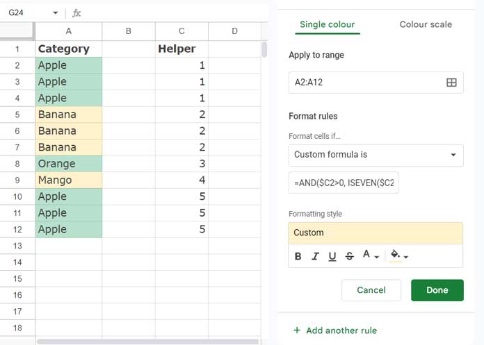 Conditional formatting rules for alternating group highlighting