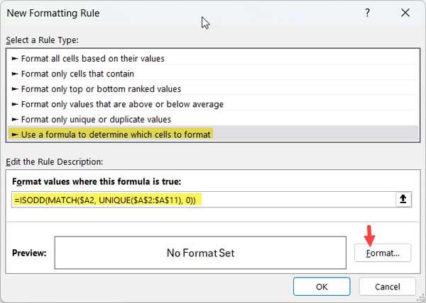 Applying New Rule for highlighting alternating groups with colors