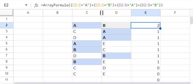 Example of OR Logic in COUNTIFS Across Either Column