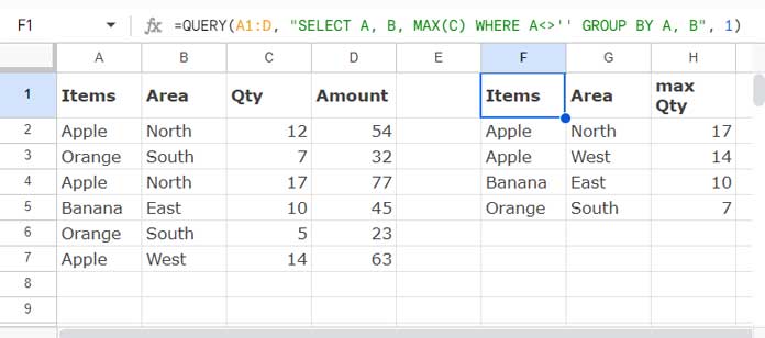 Find Max or Min and Eliminate Duplicates Using QUERY