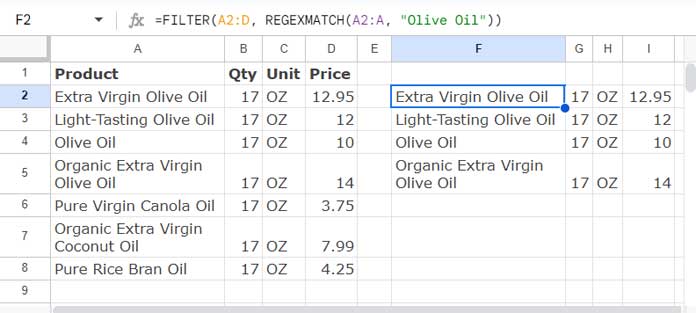 Examples of using REGEXMATCH in FILTER criteria in Google Sheets