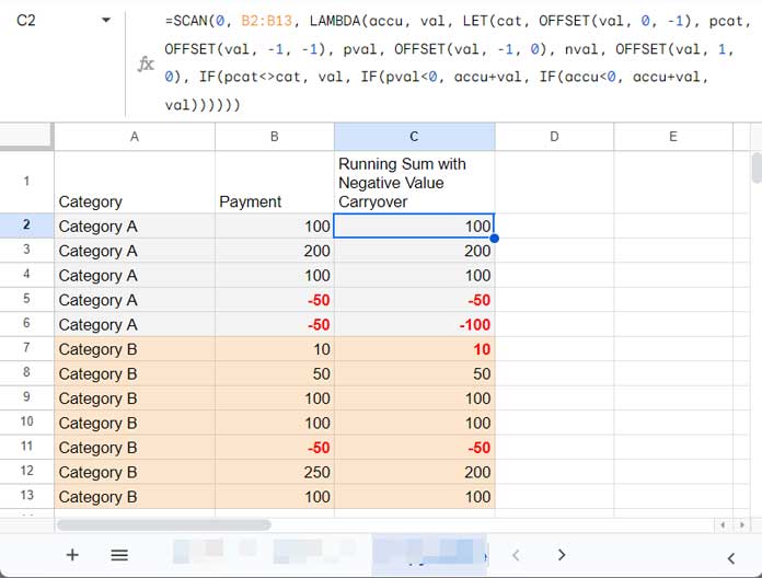 Running Sum with Negative Value Carryover and Category Reset