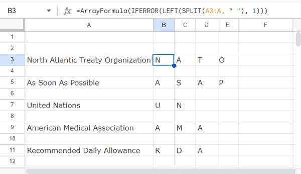 Extracting the first letter of each word in a string in Google Sheets