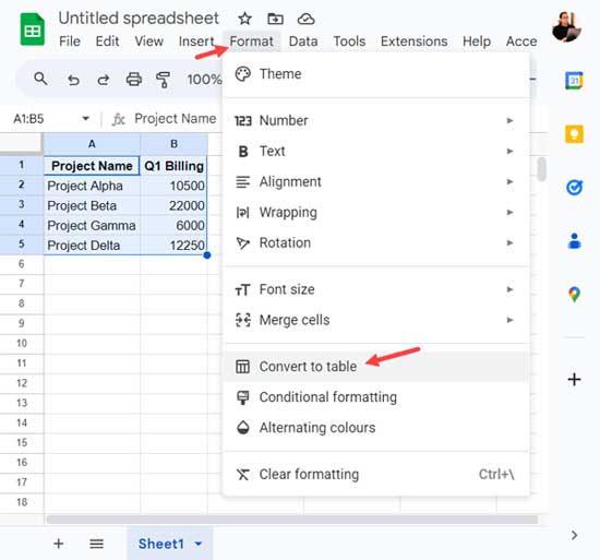 Creating a data table in Google Sheets