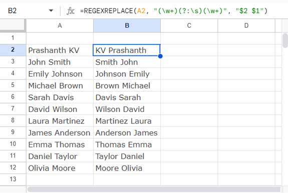 Using the REGEXREPLACE Function for Swapping Names in Google Sheets