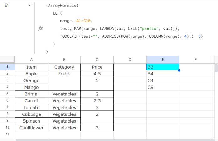 Finding the Addresses of All Merged Cells Using a Lambda Function in Google Sheets