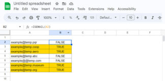 Verifying email addresses using the ISEMAIL function in Google Sheets