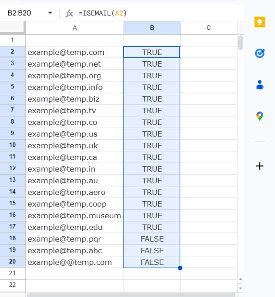 ISEMAIL Function Example in Google Sheets