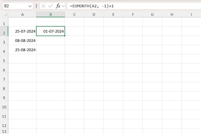 Calculating the beginning of the month in Excel