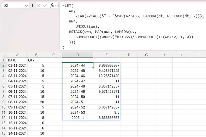 Calculate Weekly Averages Using a Dynamic Array Formula in Excel