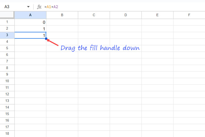 Drag-Down Formula for Fibonacci Sequence in Google Sheets