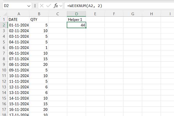 Extract Week Numbers in Excel (Helper Column)