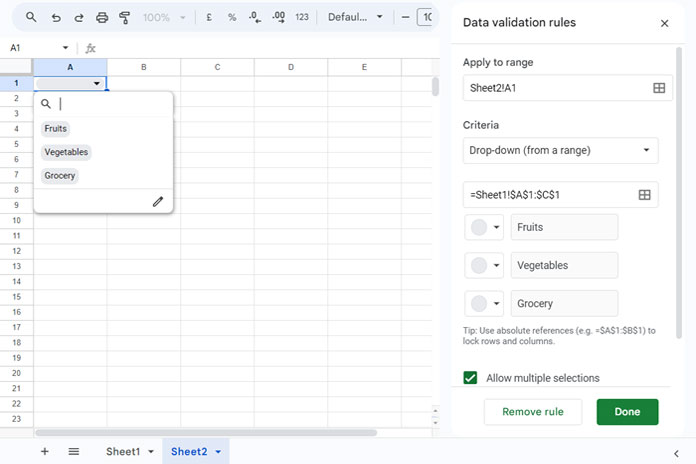 Creating a multiple selection drop-down list in Google Sheets