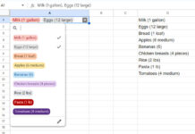 Example of multiple-selection drop-down chips in Google Sheets