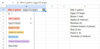 Example of multiple-selection drop-down chips in Google Sheets