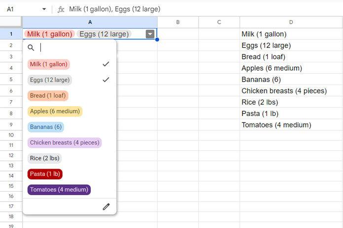 Example of multiple-selection drop-down chips in Google Sheets