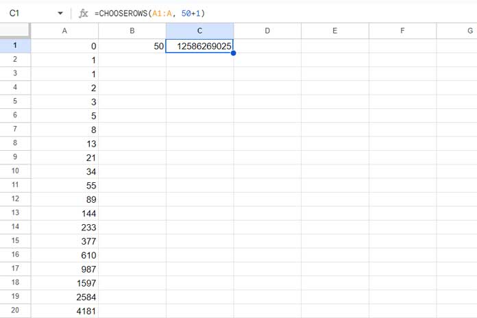 Calculating nth Fibonacci Number in Google Sheets