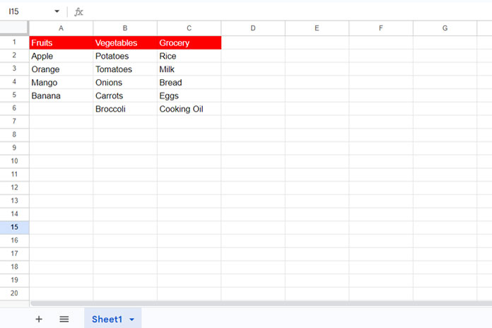 Sample data for multiple selection dependent drop-down lists