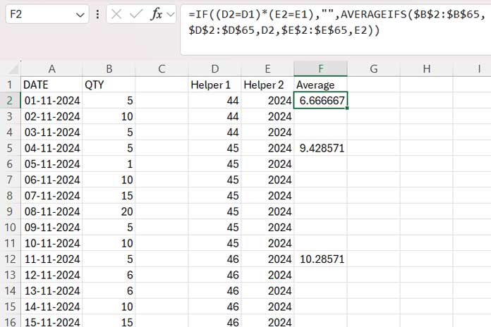 Calculate Weekly Averages Using Drag-Down Formula in Excel