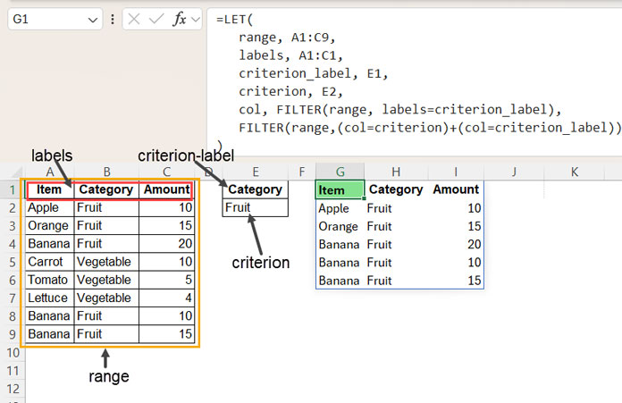 Arguments of X-Y filter in Excel