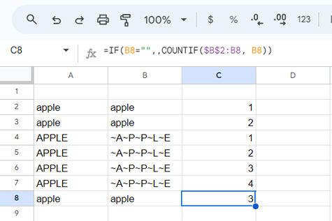 Case-sensitive running count non-array formula