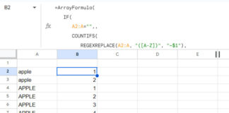 Case-sensitive running count array formula