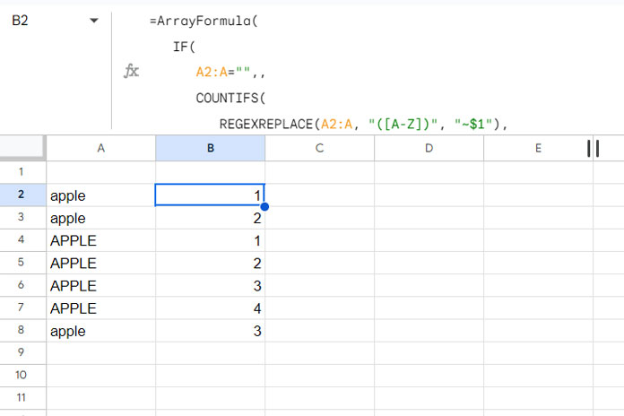 Case-sensitive running count array formula