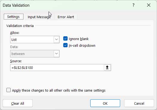 Data validation dropdown list in Excel for data filtering