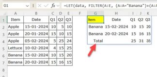 Example of a dynamic total row added to FILTER function results