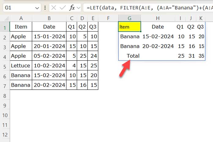 Example of a dynamic total row added to FILTER function results