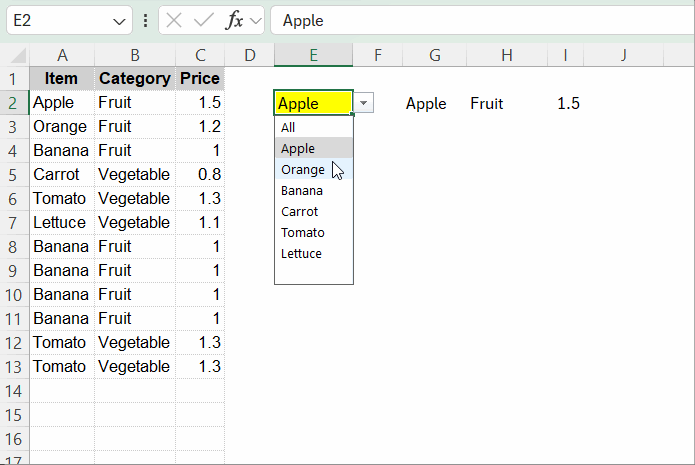 Filter data in Excel with a dropdown menu and 'All' option