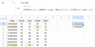 Lookup the smallest value in a 2D array in Google Sheets