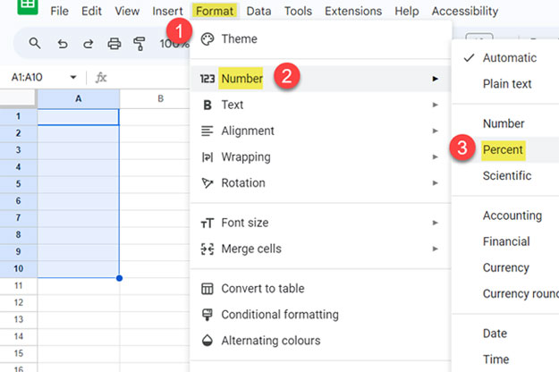 Example of percentage formatting in Google Sheets