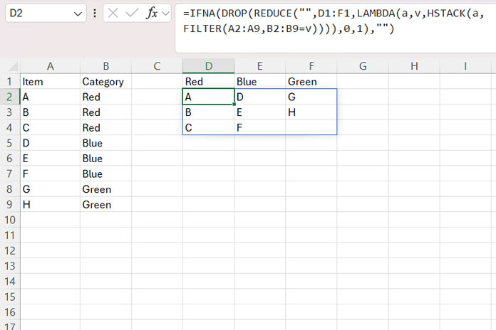 Combination of REDUCE and HSTACK functions in Excel