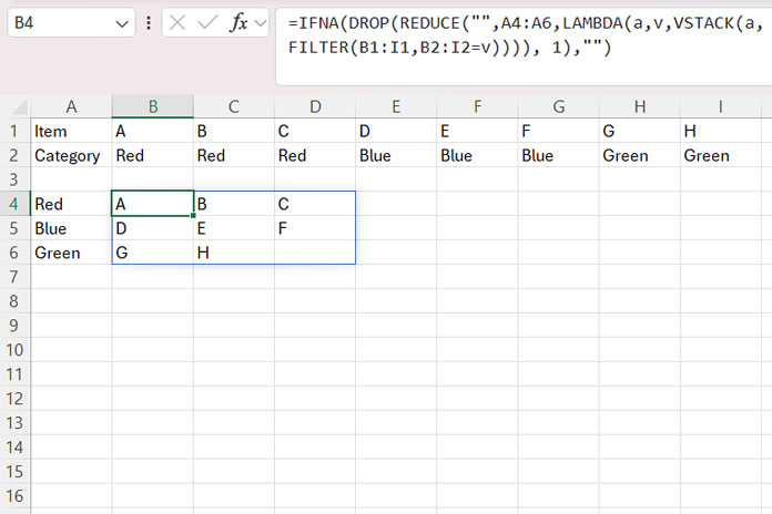 Combination of REDUCE and VSTACK functions in Excel