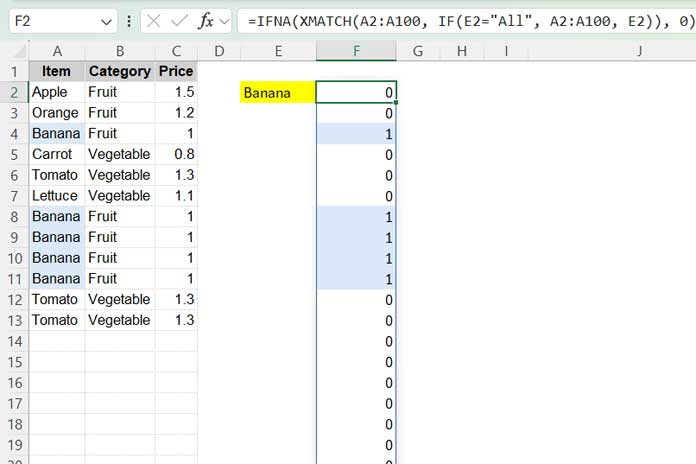 XMATCH and FILTER functions combo in Excel